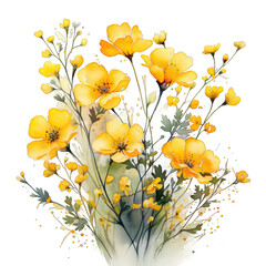 cute tiny yellow flowers, watercolor painting Texture de fleurs naturel on transparent background PNG - obrazy, fototapety, plakaty