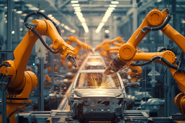 Industrial Robots Welding in Automotive Assembly Line. generative AI - obrazy, fototapety, plakaty