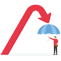 Protection or defensive stock in economy crisis or market crash, businessman holding umbrella to cover and protect from downturn arrow.