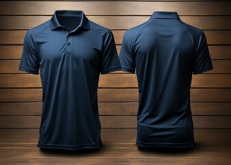 studio portrait of front and back view of navy polo shirt on wooden background, generative ai