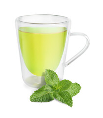 Green tea in glass cup and mint leaves isolated on white