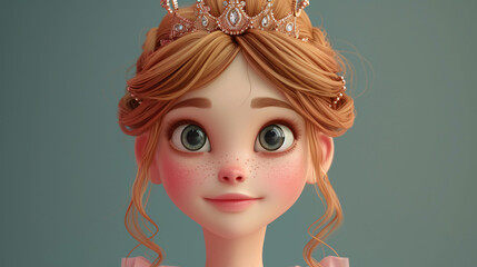 A charming and elegant cartoon girl donning a dazzling tiara, radiating confidence and grace in her stunning blush pink gown. With a 3D headshot illustration, this image is perfect for captu