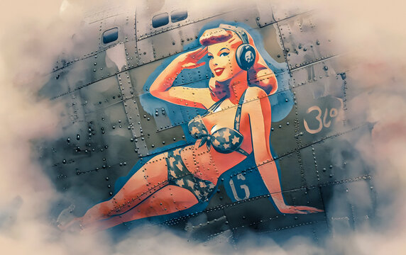 Water colour Illustration of vintage World War 2 Bomber Nose Art Pinup girl saluting and wearing a bikini painted on the side of a military aircraft