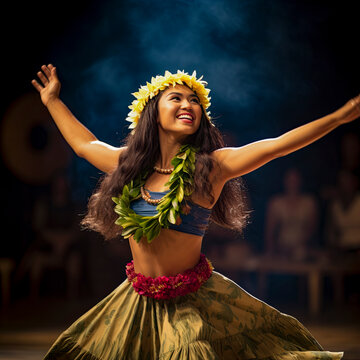 lifestyle photo hawaiian woman dances hula on stage.