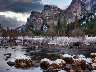 Winter Sun Setting on the Bridalveil Falls, Yosemite National Park, California