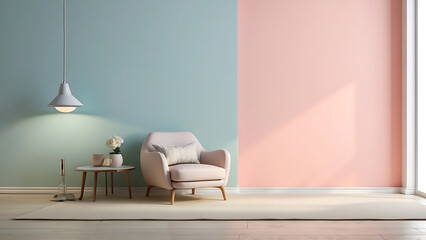 Relaxing sofa set with light ambient colored background wall and light stand with modern interior concept