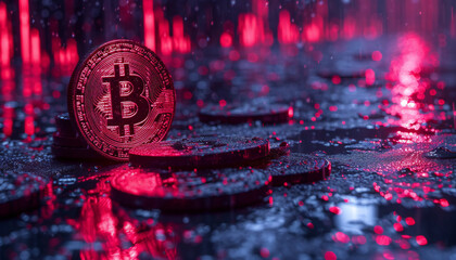 Glowing Bitcoin Coins in Rain with Red Lights - Cryptocurrency Concept - Generative AI