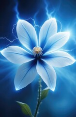 Fototapeta premium white flower on blue background. Blue flower, magical, fabulous, fantasy style, blurred hazy outlines, highly detailed electricity, dynamic close-up.
