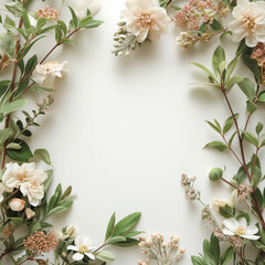 Elegant composition featuring white flowers with vibrant green leaves set against a white backdrop