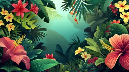Tropical Paradise Panorama with Vibrant Flora. Expansive view of a lush tropical landscape surrounded by vivid flowers.