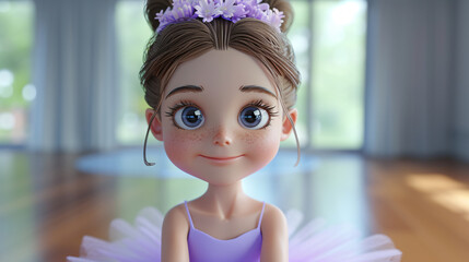 A charming cartoon girl with big expressive eyes and a bright smile. She is wearing a soft lilac tutu, complimented by adorable ballet slippers. This captivating 3D headshot captures the inn - obrazy, fototapety, plakaty