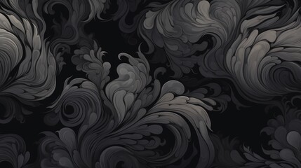 Elegant Black Inky Swirls. Swirling inky patterns on a black background evoke elegance.