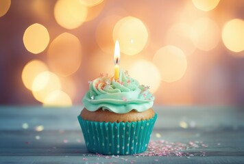 Single Birthday Cupcake with Colorful Sprinkles and Lit Candle Generative AI