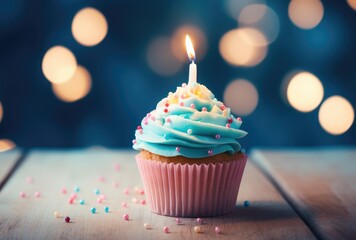 Festive Cupcake with Pink Frosting and Lit Candle on Wood Surface Generative AI