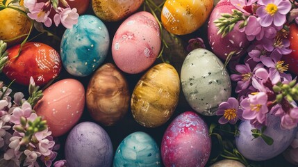 Obraz premium Assorted Easter Eggs with Flower Accents. Assortment of Easter eggs adorned with floral accents on a dark background.