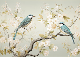 Vintage illustration of two birds on flowering branches with pastel background