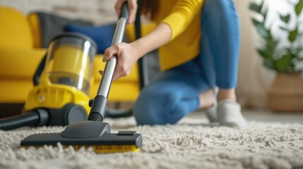 Fototapeta premium Vacuum cleaner, Caucasian female cleaning service worker vacuums rug in living room. Concept of cleaning and disinfection in modern apartments.