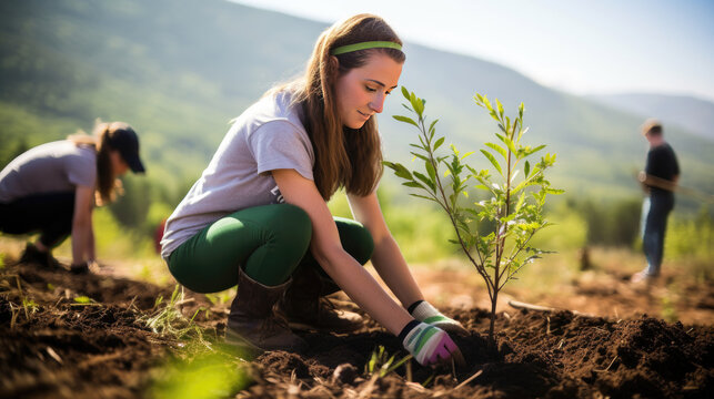 Volunteers planting trees in outdoor reforestation campaign activity