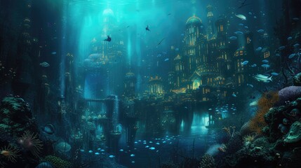 An underwater city with bioluminescent coral, schools of colorful fish, and ancient ruins, all illuminated by the eerie glow of an underwater volcano. Resplendent.