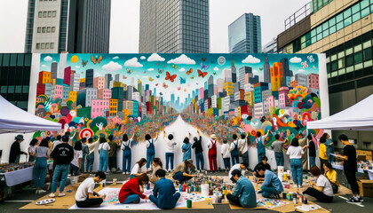 Obraz premium Colors of Community: Residents Join Brushes to Craft a Mural, Echoing Unity, Artistry, and Shared Visions on City Walls