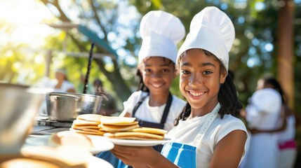 Middle school african american teenagers wearing aprons and shef's hat cooking pancakes outdoors smiling at camera with toothy smile on sunny summer day