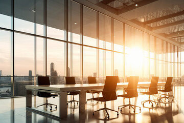 Modern corporate boardroom with sunlight and city skyline view