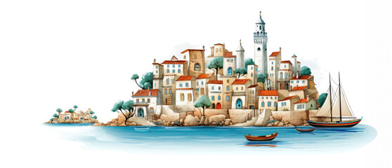 Quaint coastal town illustration with boats and lighthouse
