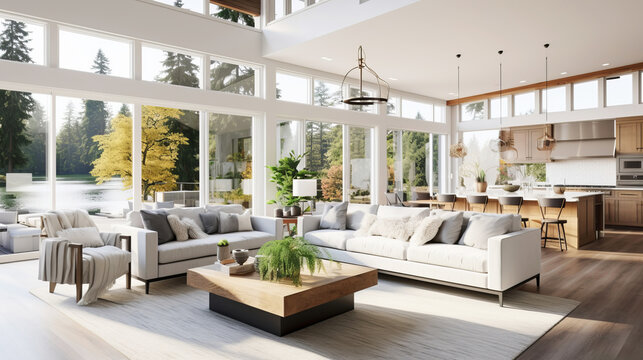 Luxurious spacious living room with forest view and modern decor
