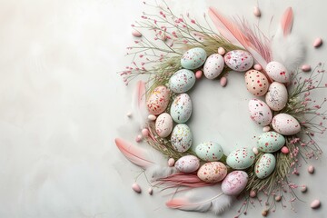 Beautiful stylish Easter wreath with Easter eggs, feathers and pampas grass, pussy willow, festive, flat lay