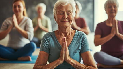 Seniors participating in a yoga class. Diverse group, gentle poses. Smiles and relaxation. Active aging, well-being focus. - obrazy, fototapety, plakaty