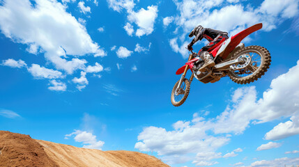 A thrilling scene unfolds as an off-road motocross bike defies gravity, soaring mid-air during a daring jump, leaving behind a trail of kicked-up dirt. - obrazy, fototapety, plakaty