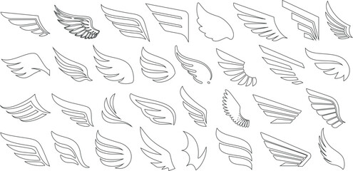 Wing vector set, angel, bird, fairy styles. Perfect for tattoo, logo design, decorative elements. Hand drawn, detailed, abstract wings illustrations.