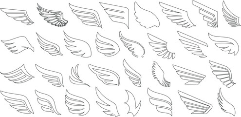 Wing vector set, angel, bird, fairy styles. Perfect for tattoo, logo design, decorative elements. Hand drawn, detailed, abstract wings illustrations. © Arafat