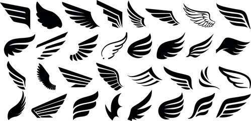 Wing vector collection, black wings silhouettes on white, ideal for logo, tattoo, sticker, decal design. Angel, bird, eagle wing illustrations, isolated, unique, bold, distinct, intricate details
