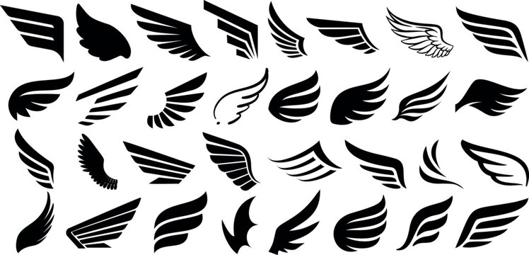 Wing vector collection, black wings silhouettes on white, ideal for logo, tattoo, sticker, decal design. Angel, bird, eagle wing illustrations, isolated, unique, bold, distinct, intricate details
