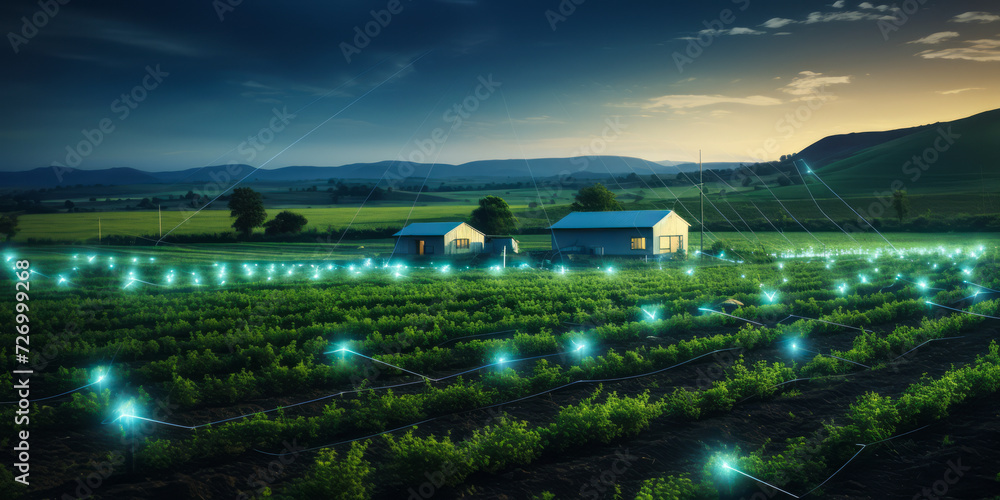 Poster futuristic smart agriculture: nighttime view of a farm with digital grid overlay and iot technology 