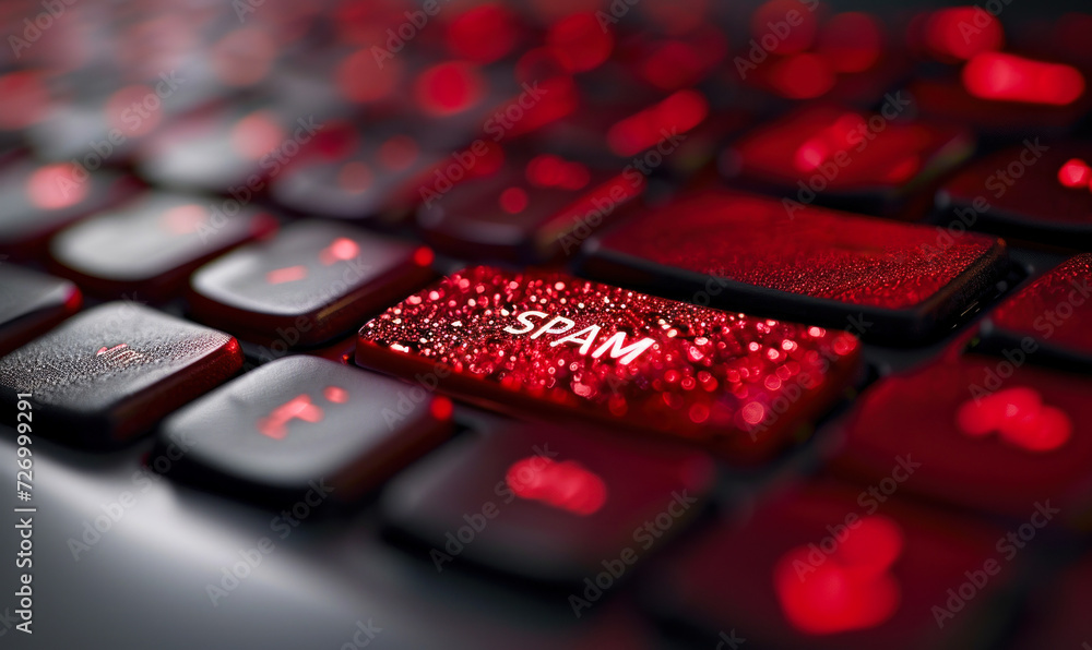 Poster red spam alert button on a keyboard illustrating cybersecurity threats and email filtering concepts 