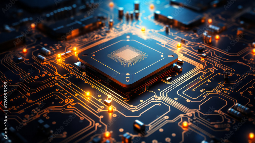 Poster intricate computer circuit board with glowing lines and electronic components forming an abstract te