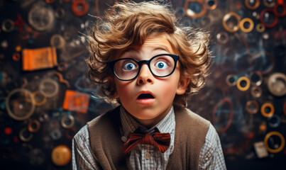 Surprised young boy with big glasses standing in front of a chalkboard filled with colorful science and math symbols, expressing curiosity and amazement - obrazy, fototapety, plakaty