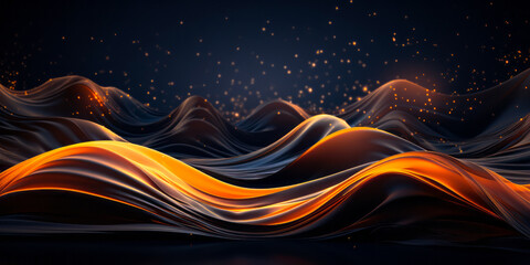 Majestic waves of black and glowing orange silk against a starry night sky, conveying a sense of calm, cosmic beauty, and abstract elegance