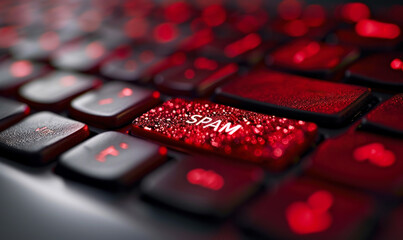 Red SPAM Alert Button on a Keyboard Illustrating Cybersecurity Threats and Email Filtering Concepts in a Digital Communication Setting