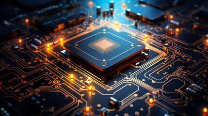 Intricate computer circuit board with glowing lines and electronic components forming an abstract tech-themed wallpaper background