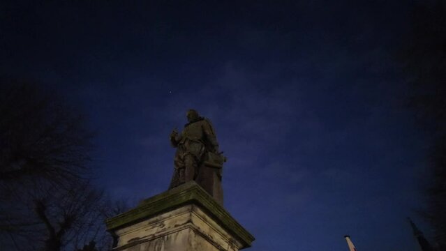Simon Stevin statue in the Stevin Square during the early hours in the city of Bruges in Belgium