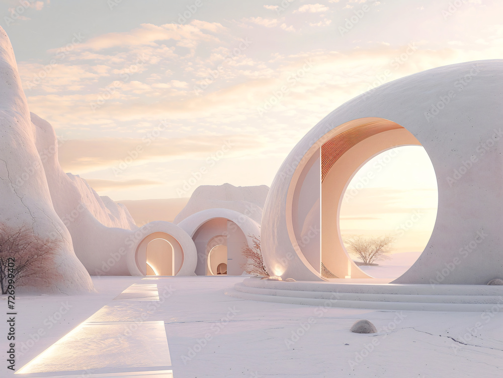Wall mural a futuristic minimal bamboo building with round windows is surrounded by snow.
