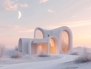 A futuristic minimal bamboo building with round windows is surrounded by snow.