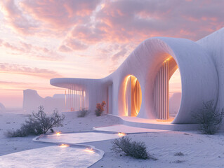 A futuristic minimal bamboo building with round windows is surrounded by snow.
