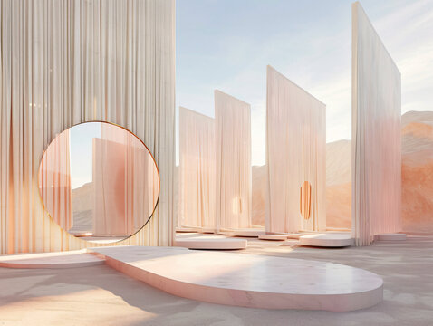 A futuristic minimal bamboo building with round windows is surrounded by snow.