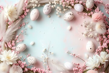 Beautiful Easter wreath frame on a pastel background with eggs, spring flowers, feathers and pampas grass, festive
