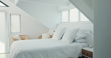 Empty bedroom, house and furniture for holiday, vacation and accommodation in hotel or apartment...
