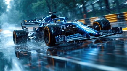 a blue car racing in Formula 1, vibrant colors, cinematic scene, rainy day, sense of speed